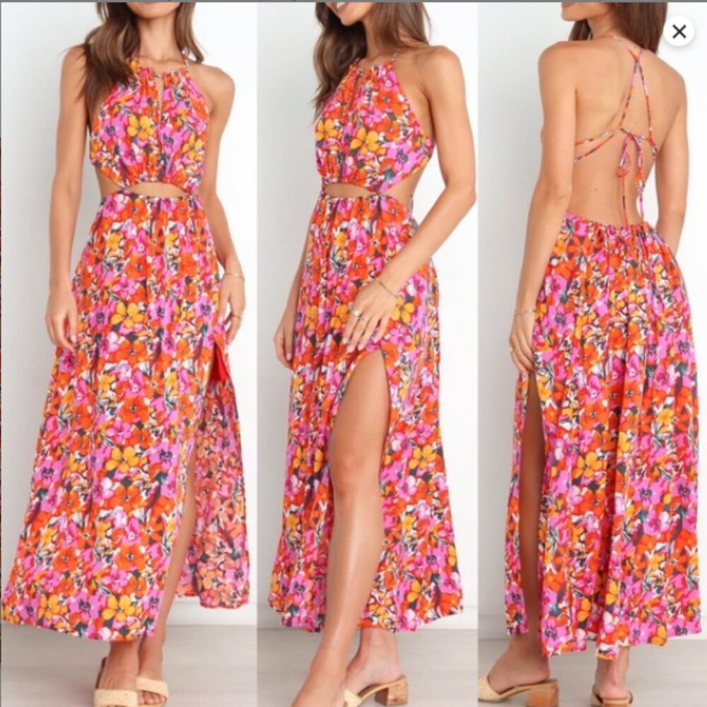 Petal & Pup Floral Cutout Halter Maxi Dress in Orange & Pink